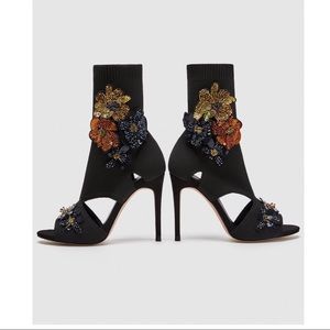 Zara High Heel Sock-Style Sandals w/ Floral Detail